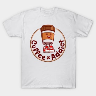 Coffee cup cartoon character, Coffee addict. T-Shirt